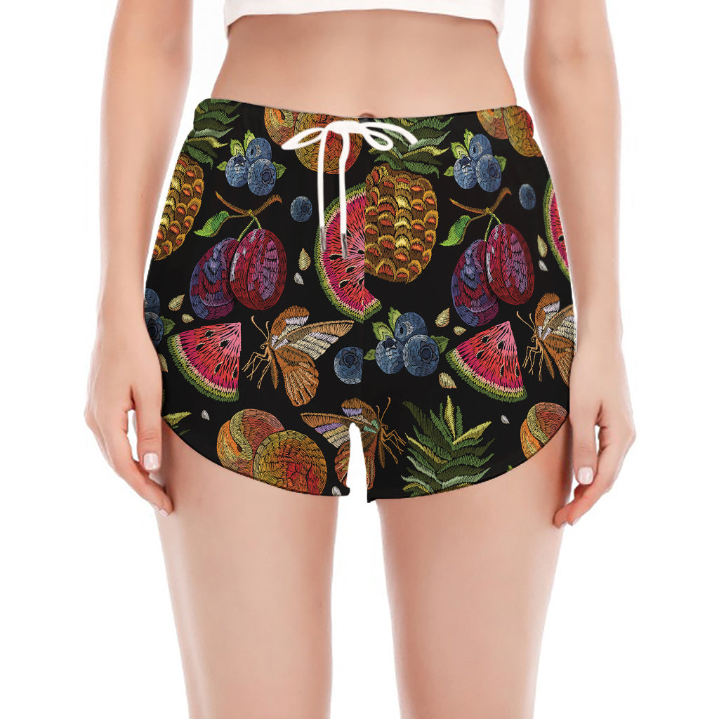 Embroidery Tropical Pattern Print Women's Split Running Shorts