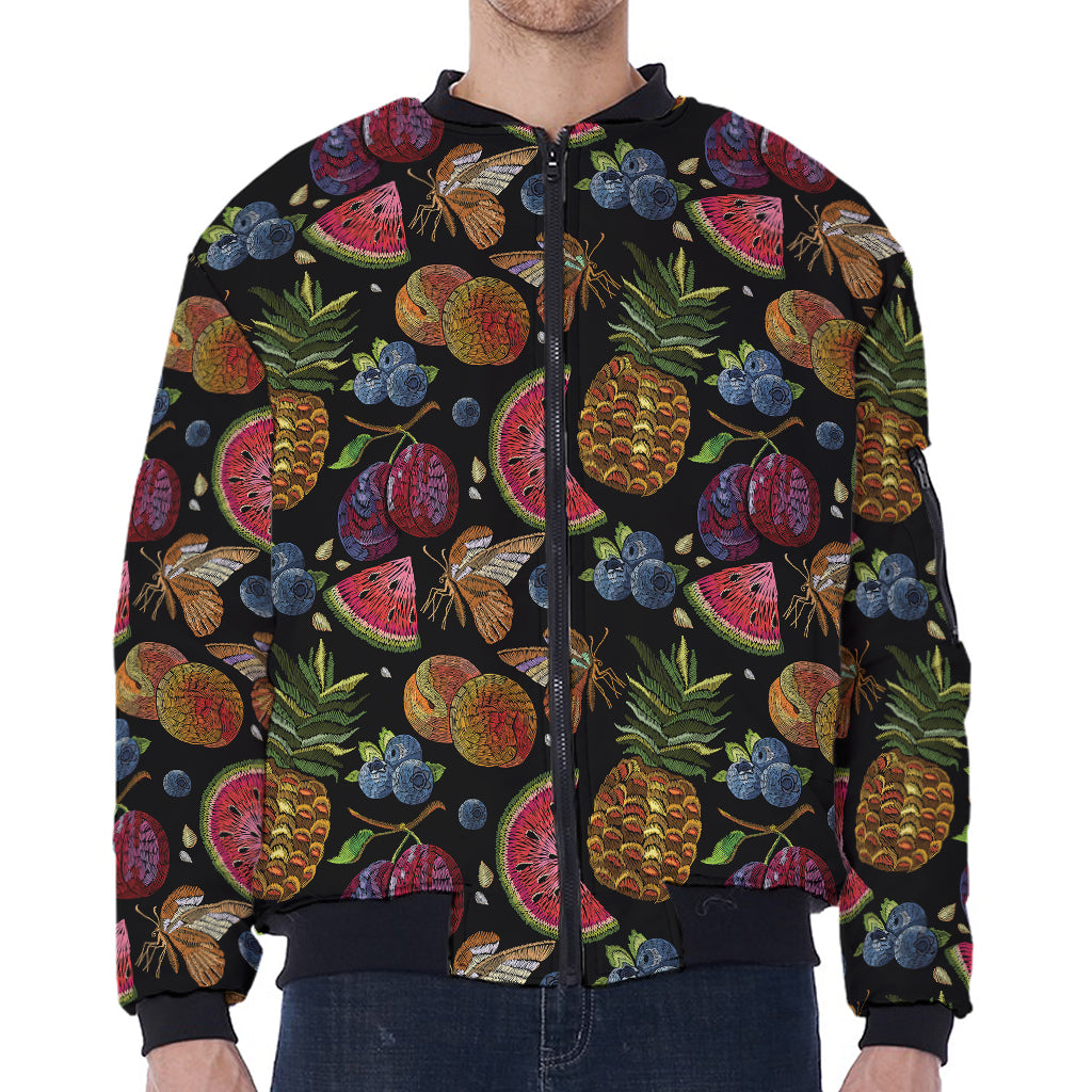 Embroidery Tropical Pattern Print Zip Sleeve Bomber Jacket