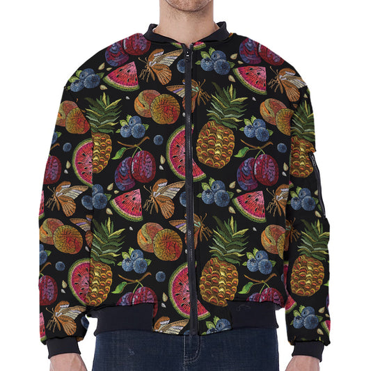 Embroidery Tropical Pattern Print Zip Sleeve Bomber Jacket