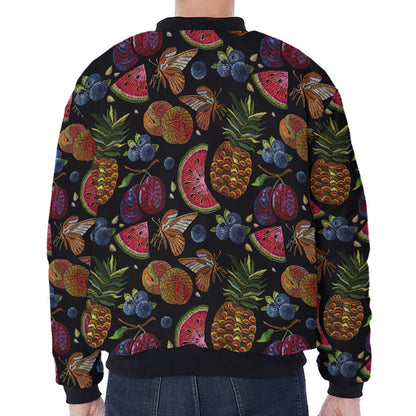 Embroidery Tropical Pattern Print Zip Sleeve Bomber Jacket