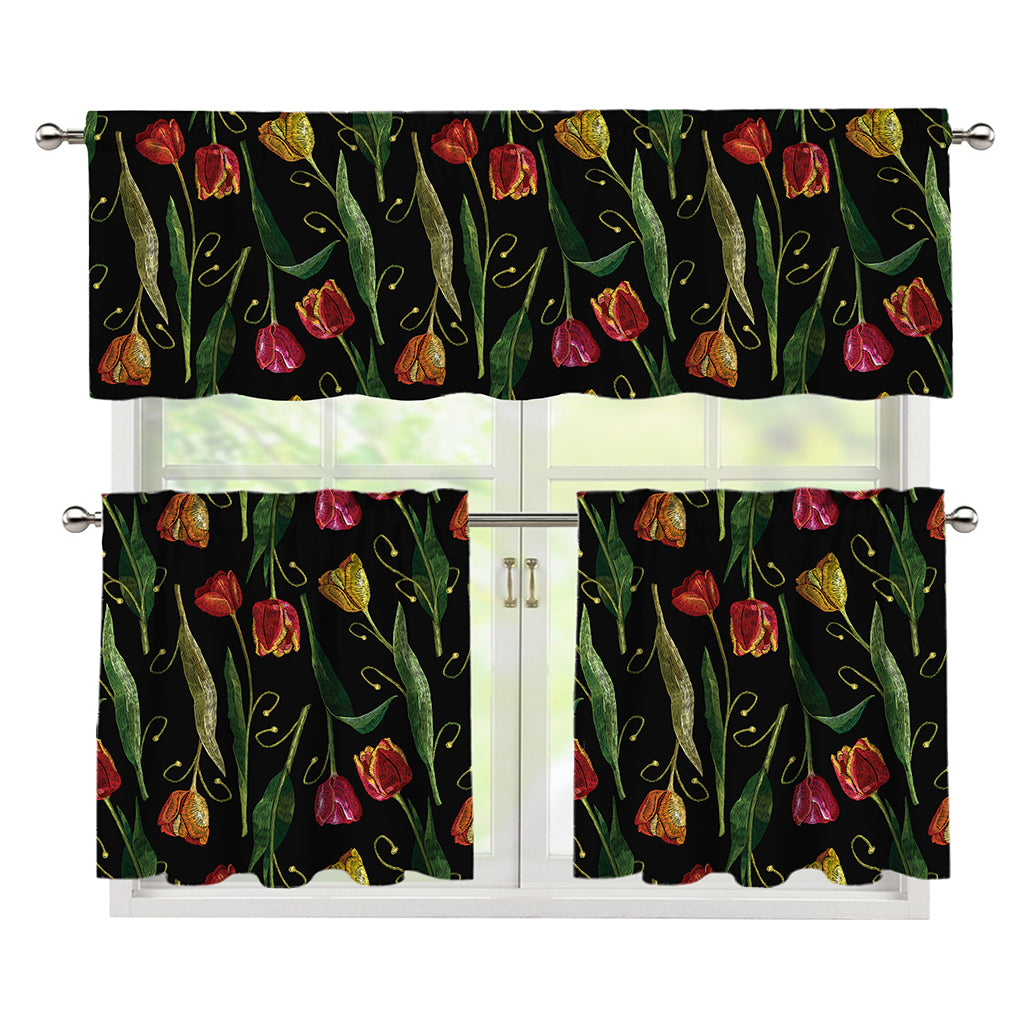 Embroidery Tulip Pattern Print 3 Piece Kitchen Curtains