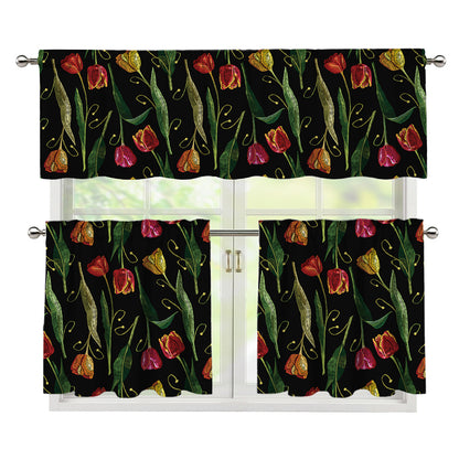 Embroidery Tulip Pattern Print 3 Piece Kitchen Curtains