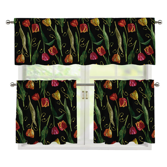 Embroidery Tulip Pattern Print 3 Piece Kitchen Curtains