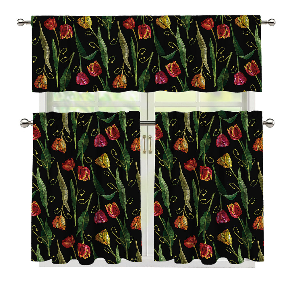 Embroidery Tulip Pattern Print 3 Piece Kitchen Curtains