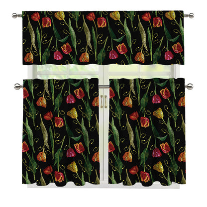 Embroidery Tulip Pattern Print 3 Piece Kitchen Curtains