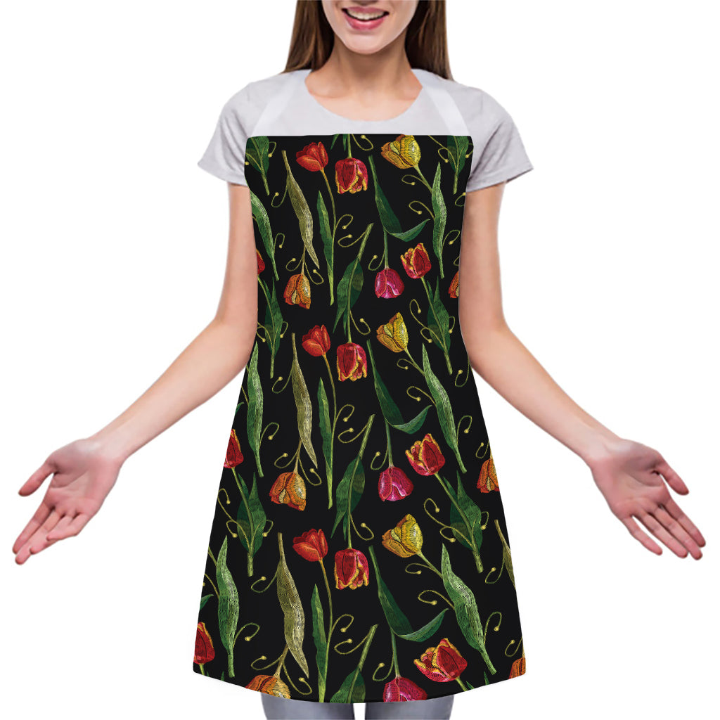 Embroidery Tulip Pattern Print Adjustable Apron