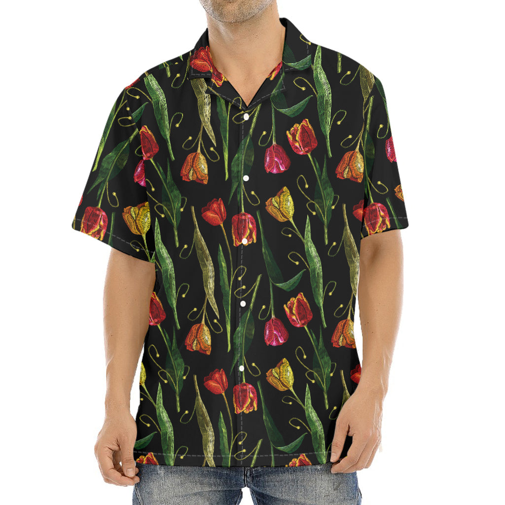 Embroidery Tulip Pattern Print Aloha Shirt