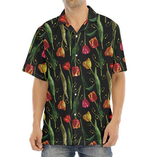 Embroidery Tulip Pattern Print Aloha Shirt