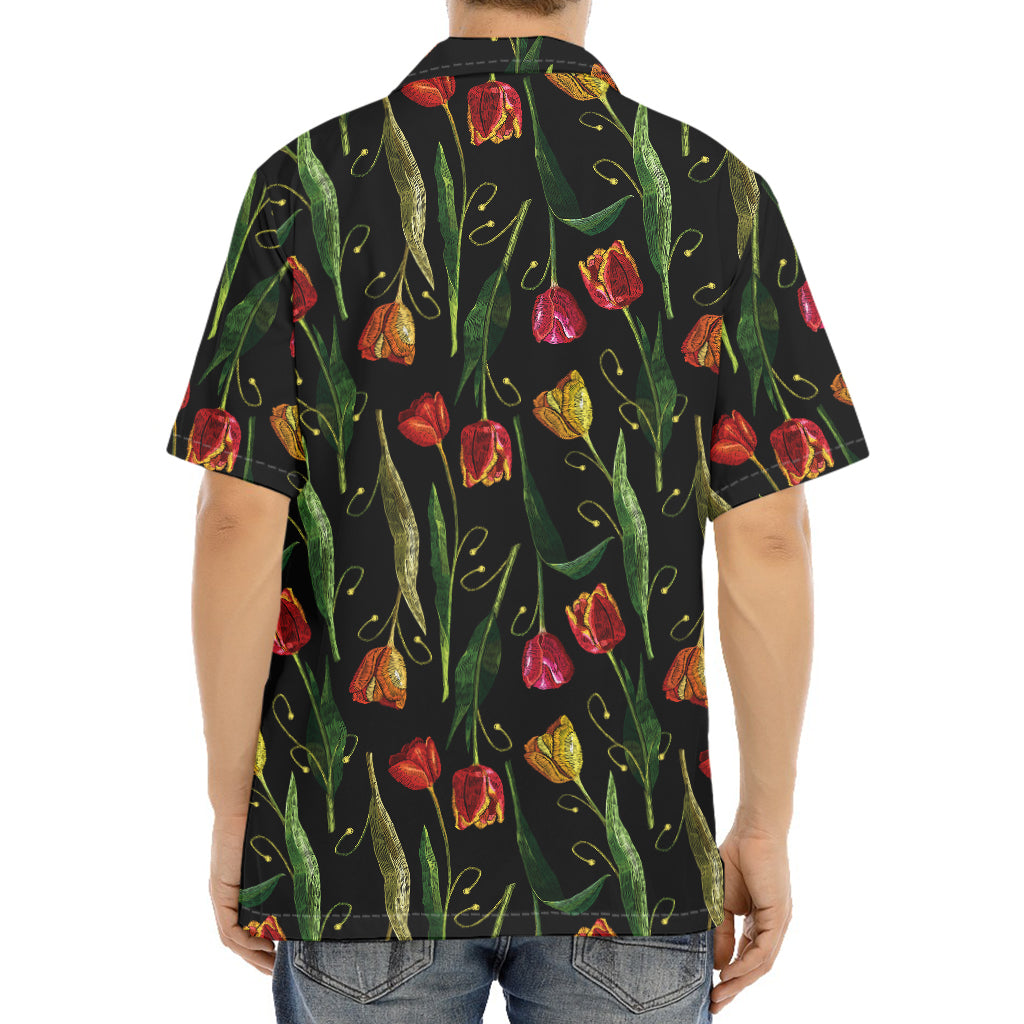 Embroidery Tulip Pattern Print Aloha Shirt