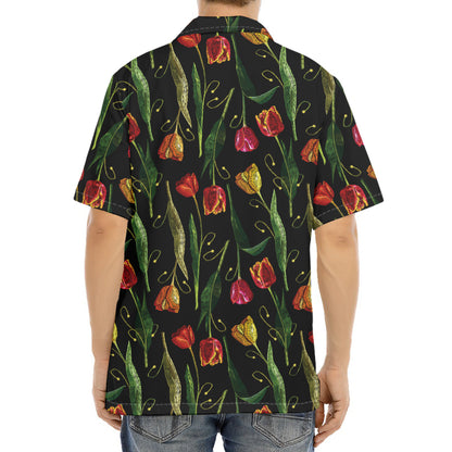 Embroidery Tulip Pattern Print Aloha Shirt