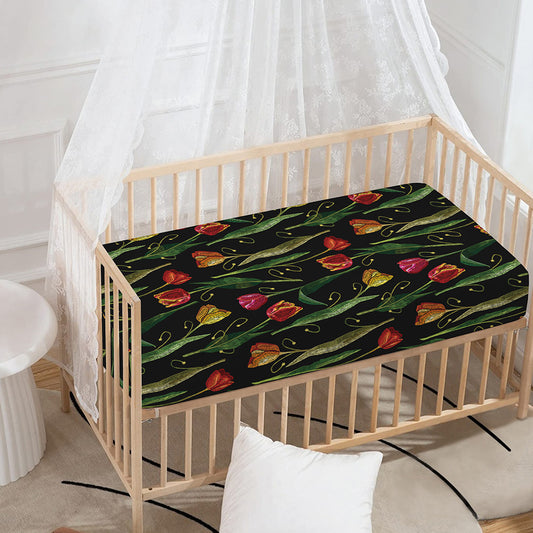 Embroidery Tulip Pattern Print Baby Crib Sheet