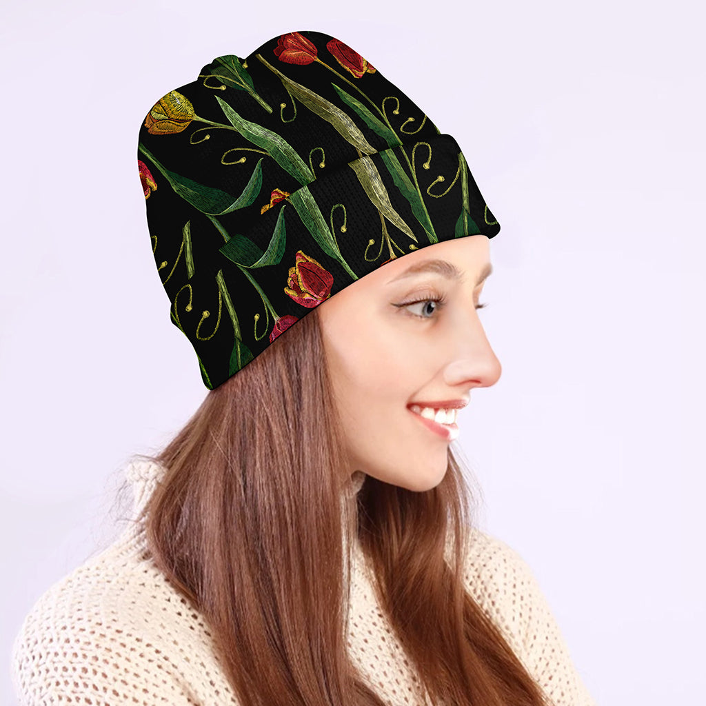 Embroidery Tulip Pattern Print Beanie