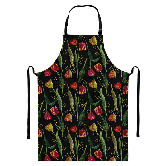 Embroidery Tulip Pattern Print Bib Apron With Pocket