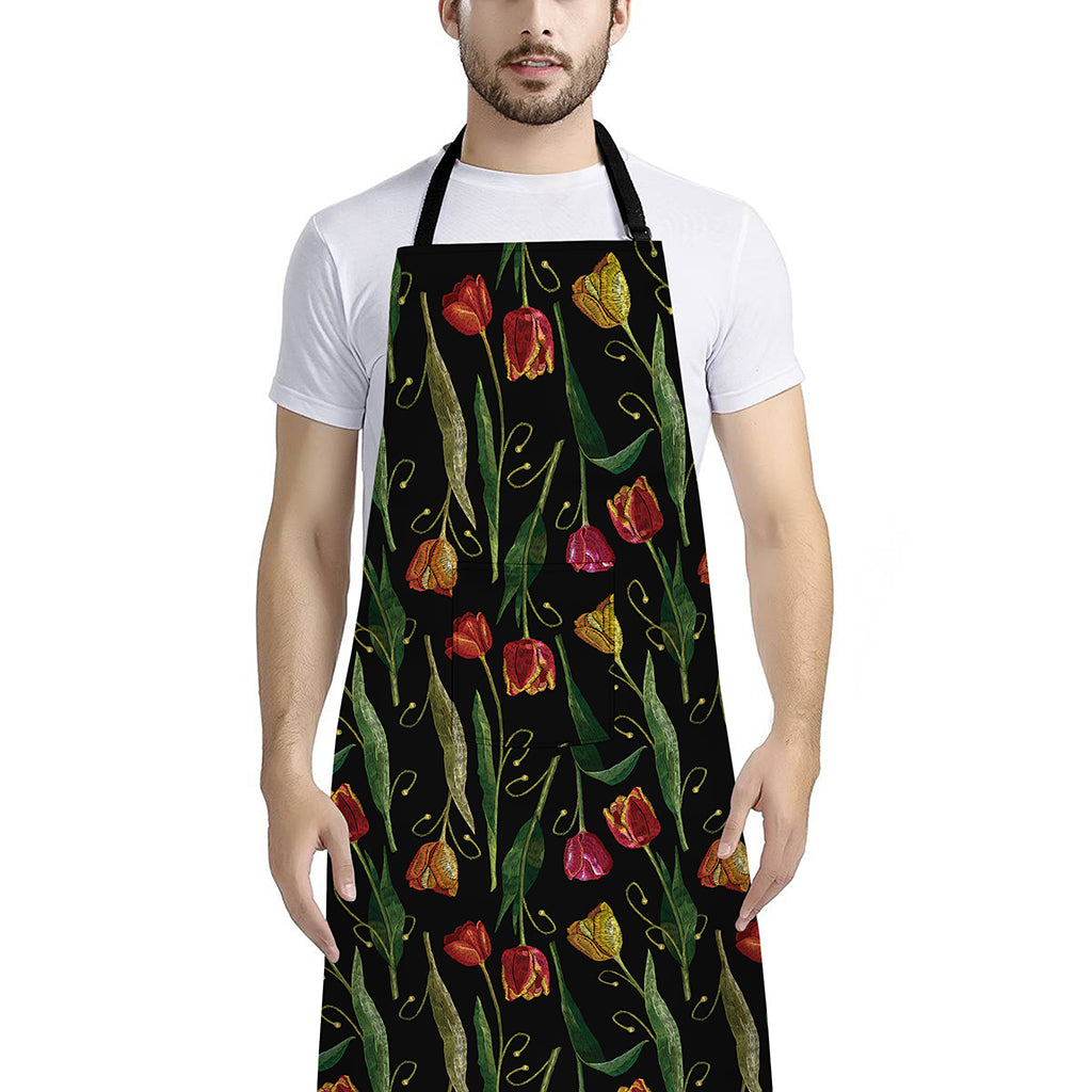 Embroidery Tulip Pattern Print Bib Apron With Pocket