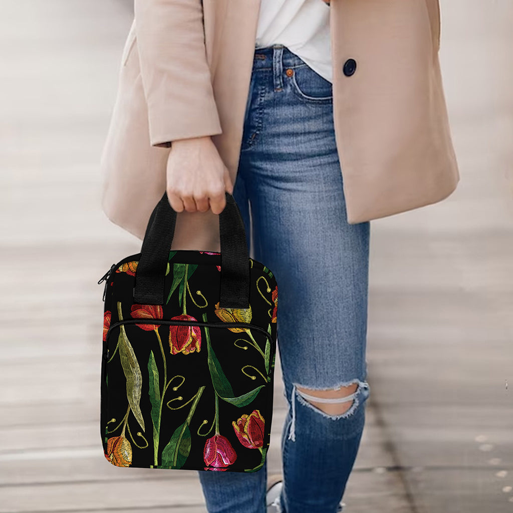 Embroidery Tulip Pattern Print Bible Tote Bag