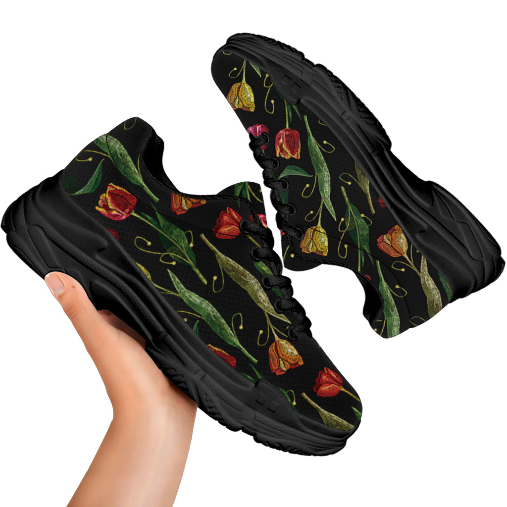 Embroidery Tulip Pattern Print Black Chunky Shoes