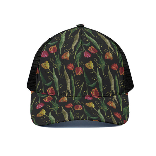 Embroidery Tulip Pattern Print Black Mesh Trucker Cap