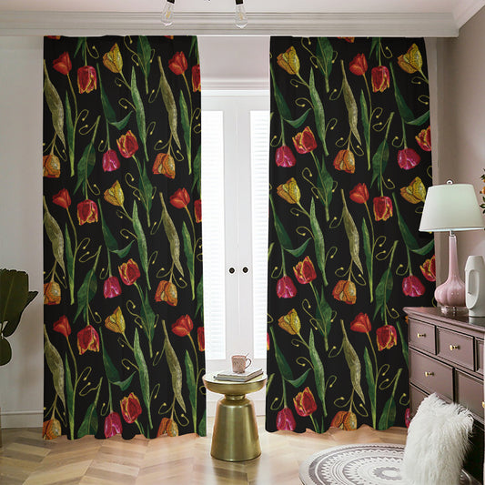Embroidery Tulip Pattern Print Blackout Pencil Pleat Curtains