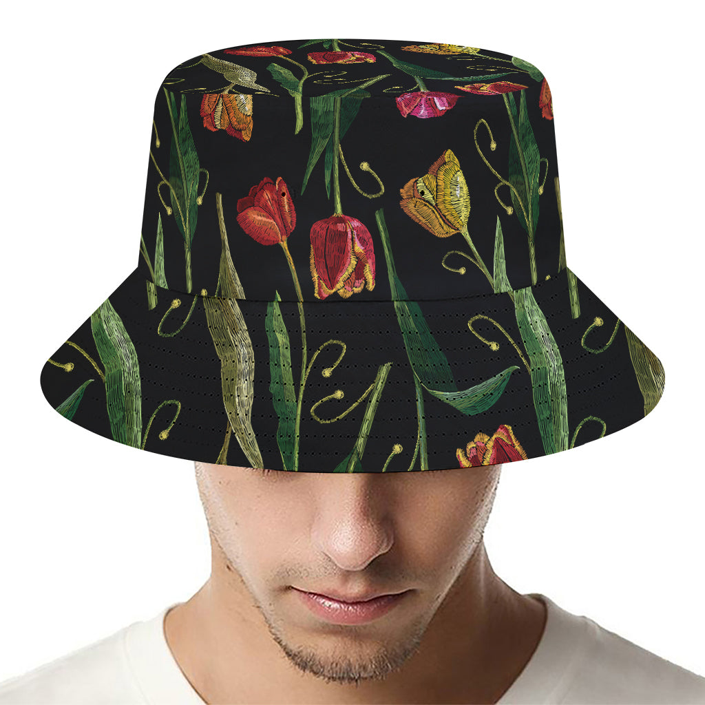 Embroidery Tulip Pattern Print Bucket Hat