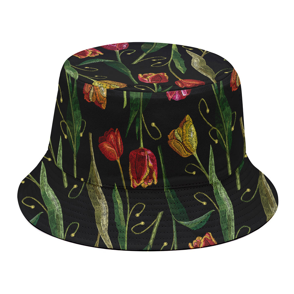Embroidery Tulip Pattern Print Bucket Hat