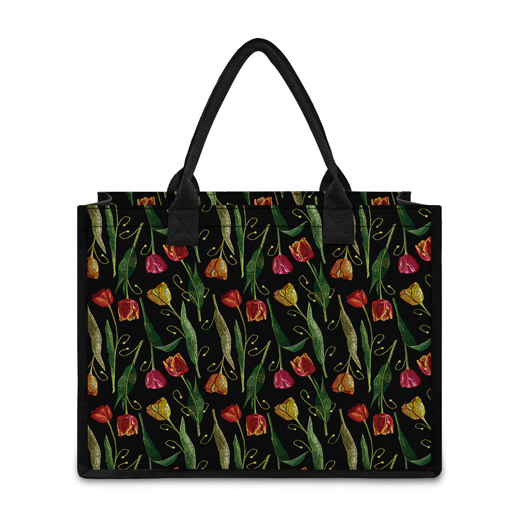 Embroidery Tulip Pattern Print Canvas Tote Bag
