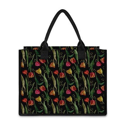 Embroidery Tulip Pattern Print Canvas Tote Bag