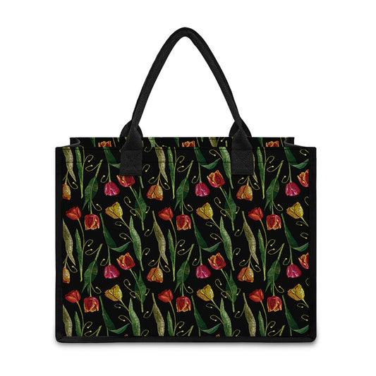 Embroidery Tulip Pattern Print Canvas Tote Bag