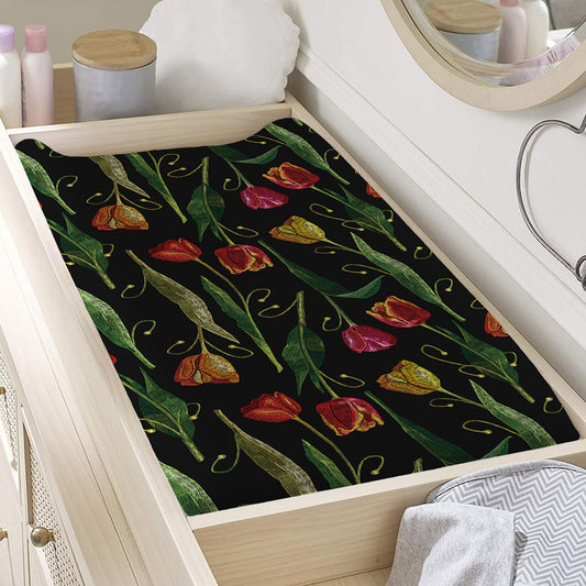 Embroidery Tulip Pattern Print Changing Pad Cover