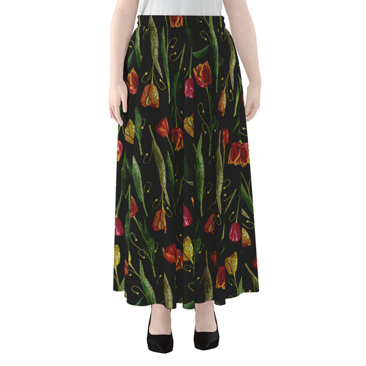 Embroidery Tulip Pattern Print Chiffon Maxi Skirt