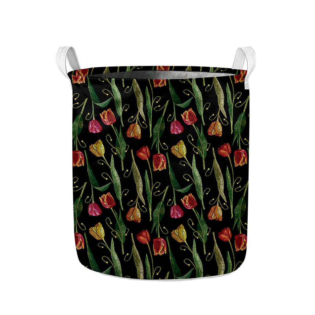Embroidery Tulip Pattern Print Collapsible Laundry Basket