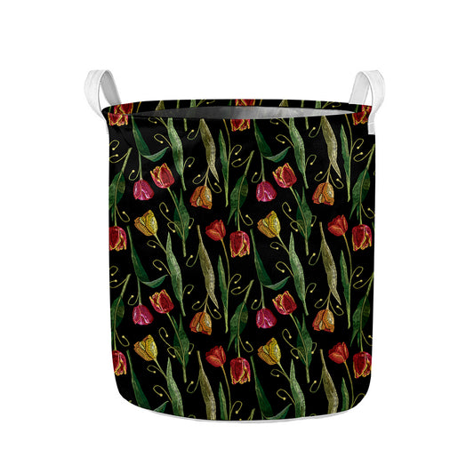 Embroidery Tulip Pattern Print Collapsible Laundry Basket