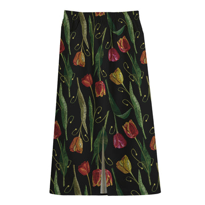 Embroidery Tulip Pattern Print Cotton Front Slit Maxi Skirt