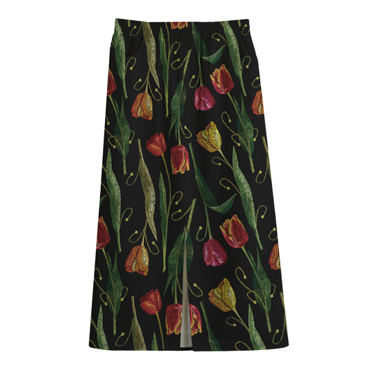 Embroidery Tulip Pattern Print Cotton Front Slit Maxi Skirt