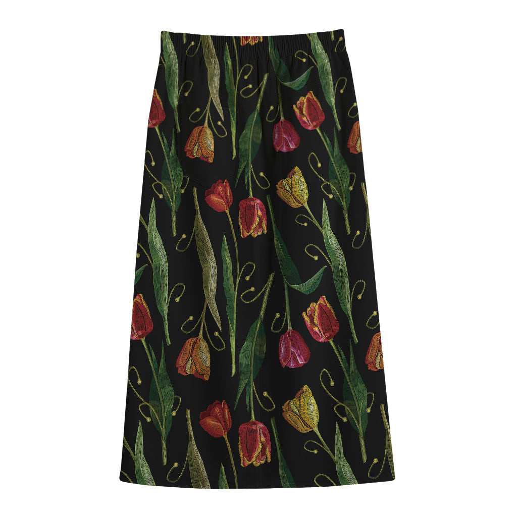 Embroidery Tulip Pattern Print Cotton Front Slit Maxi Skirt