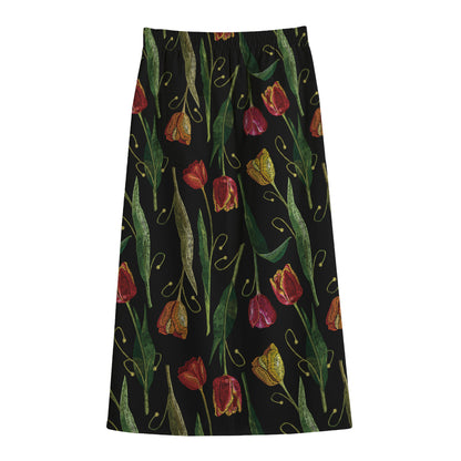 Embroidery Tulip Pattern Print Cotton Front Slit Maxi Skirt