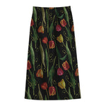 Embroidery Tulip Pattern Print Cotton Front Slit Maxi Skirt