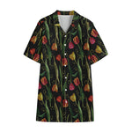 Embroidery Tulip Pattern Print Cotton Hawaiian Shirt