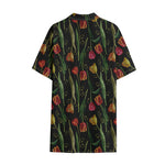 Embroidery Tulip Pattern Print Cotton Hawaiian Shirt