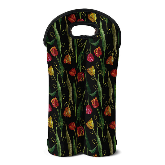 Embroidery Tulip Pattern Print Double Neoprene Wine Tote