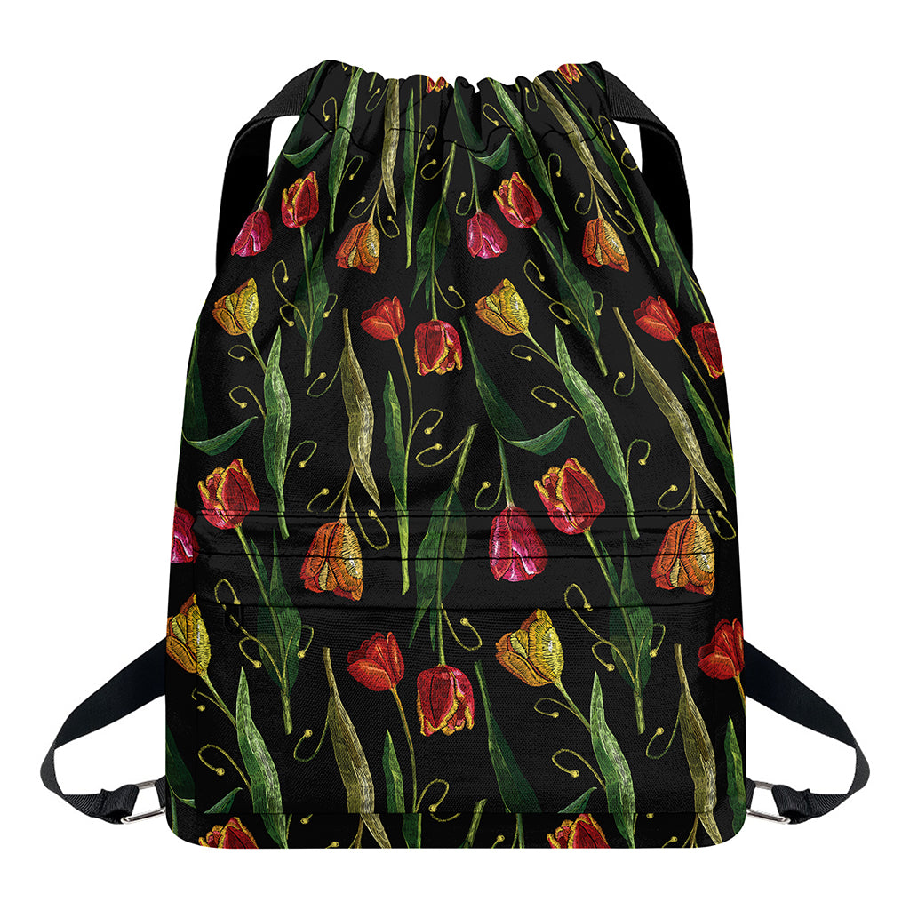 Embroidery Tulip Pattern Print Drawstring Backpack