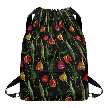 Embroidery Tulip Pattern Print Drawstring Backpack