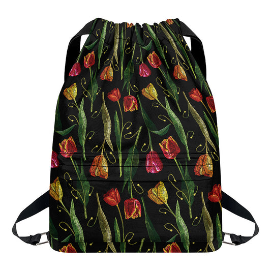 Embroidery Tulip Pattern Print Drawstring Backpack