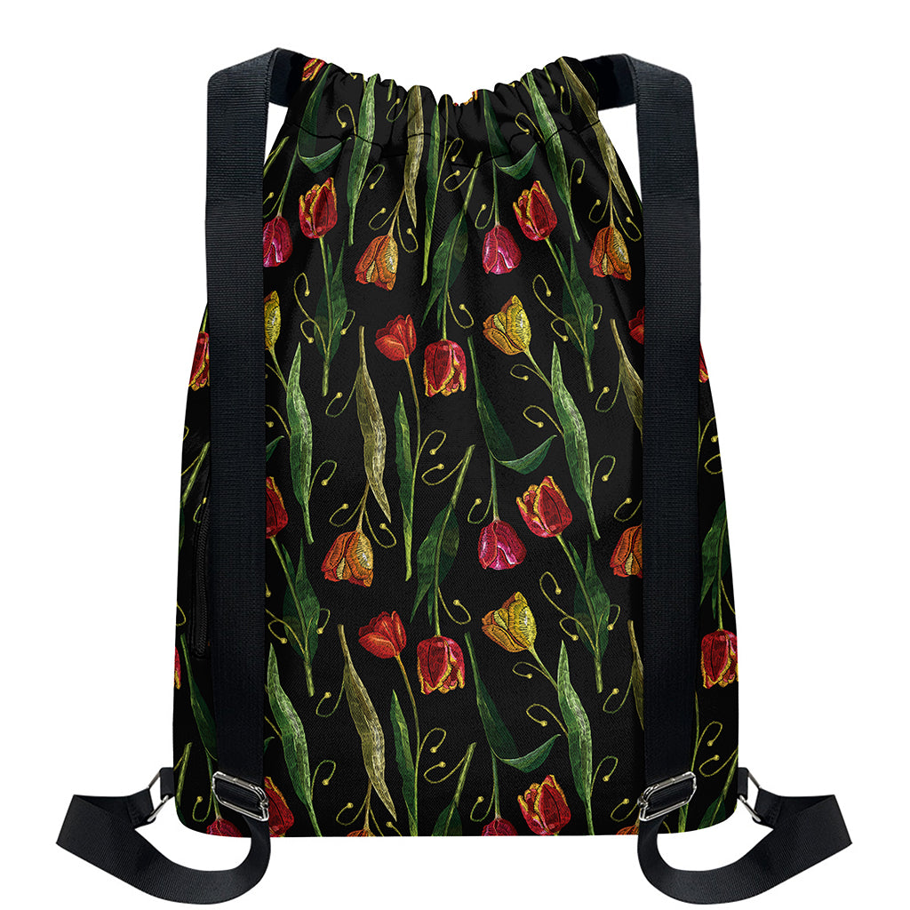 Embroidery Tulip Pattern Print Drawstring Backpack