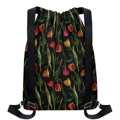 Embroidery Tulip Pattern Print Drawstring Backpack
