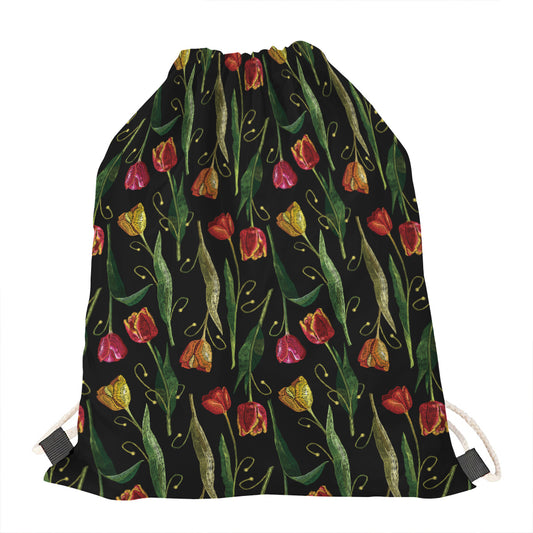 Embroidery Tulip Pattern Print Drawstring Bag
