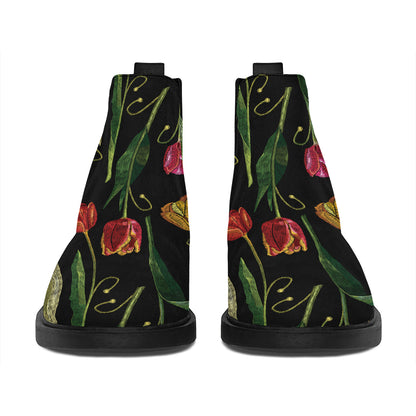 Embroidery Tulip Pattern Print Flat Ankle Boots
