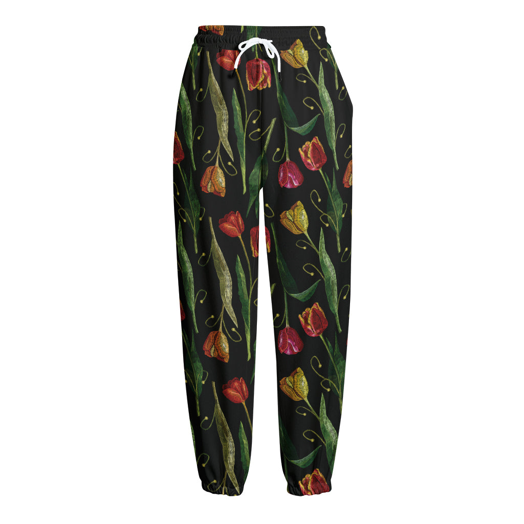 Embroidery Tulip Pattern Print Fleece Lined Knit Pants