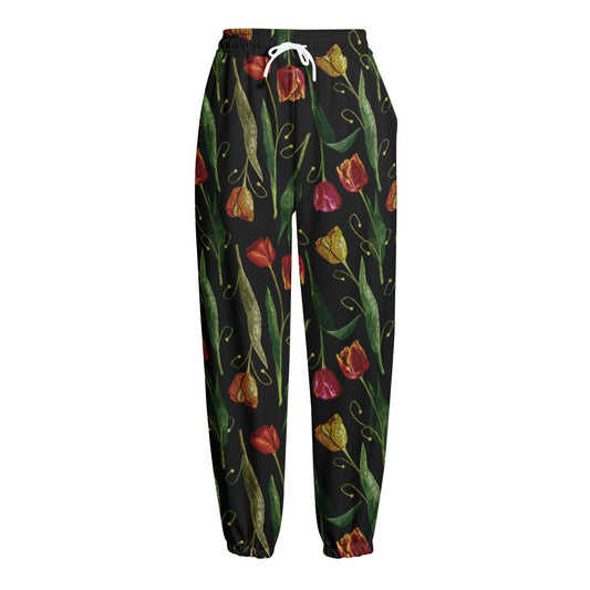 Embroidery Tulip Pattern Print Fleece Lined Knit Pants
