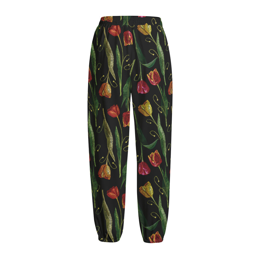 Embroidery Tulip Pattern Print Fleece Lined Knit Pants