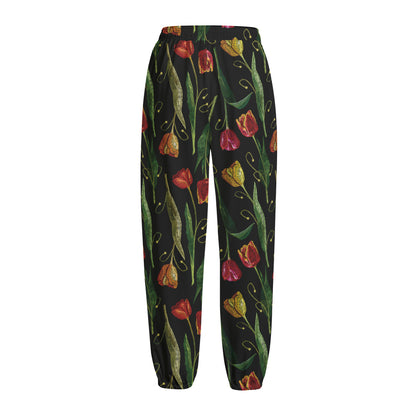 Embroidery Tulip Pattern Print Fleece Lined Knit Pants